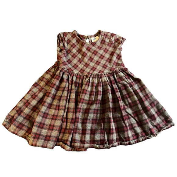 Girls Toddler Size 4T Old Navy Maroon Gray Cotton Plaid Pleated Dress Cap Sleeve - Picture 1 of 5